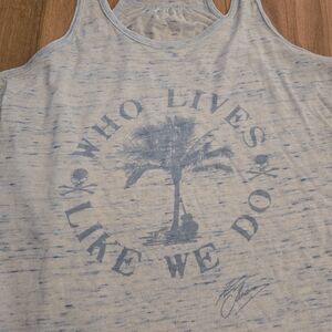 KENNY CHESNEY Concert Tank Top WHO LIVES LIKE WE DO graphic Sz L blue palm tree